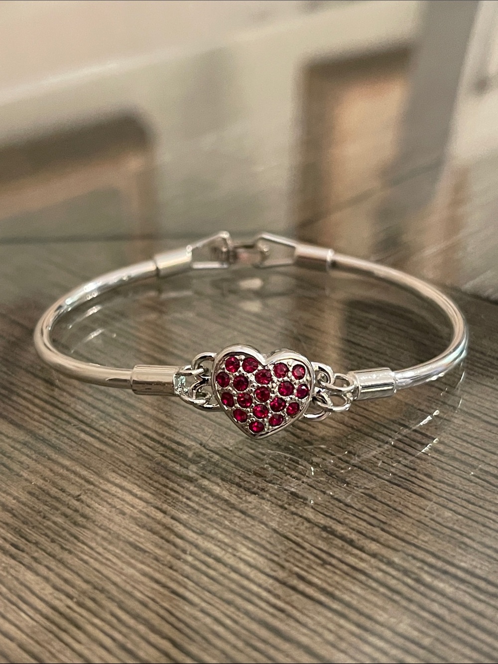 Vintage Style Connecting Cuff Bracelet with Red Rhinestone Pave Heart Silvertone